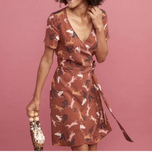 NWT Marine Layer Leonora Cheetah Cat Wrap Dress Rust Large - Picture 2 of 7